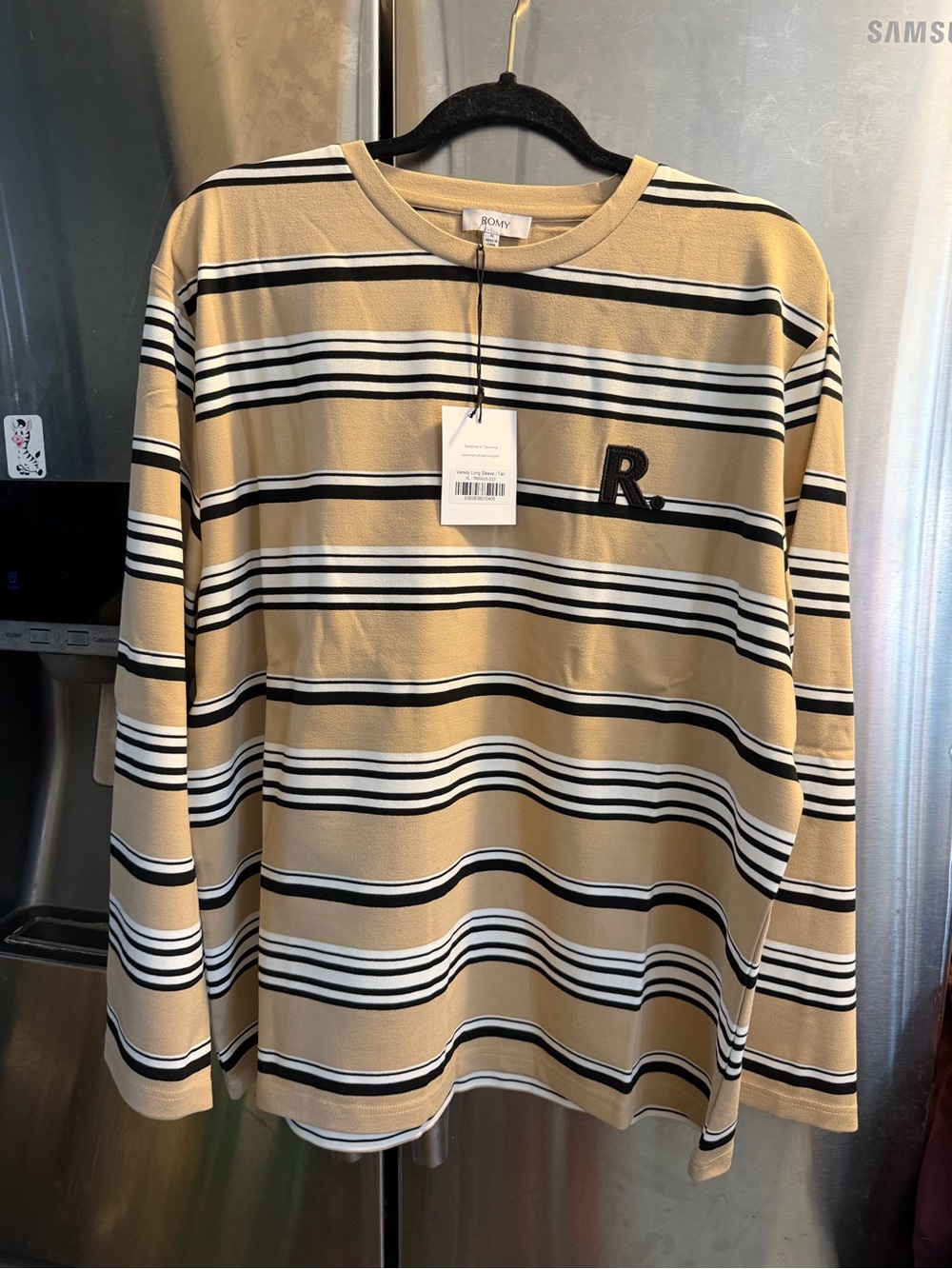 Romy Beige Black White Striped Long Sleeve Top